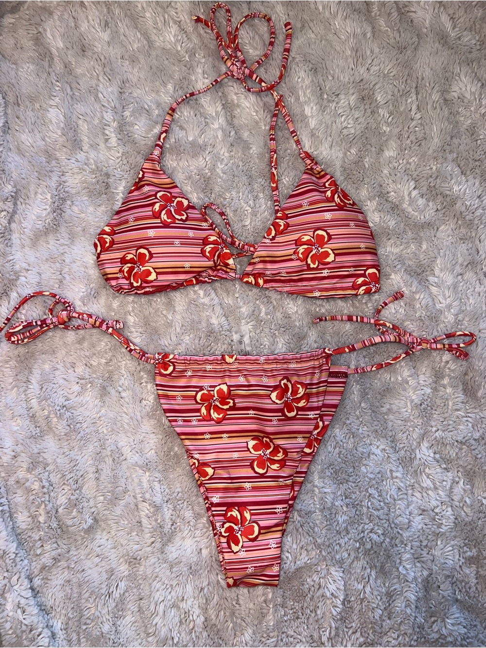 SHEIN Striped Floral Pink & Red Tie Bikini Set